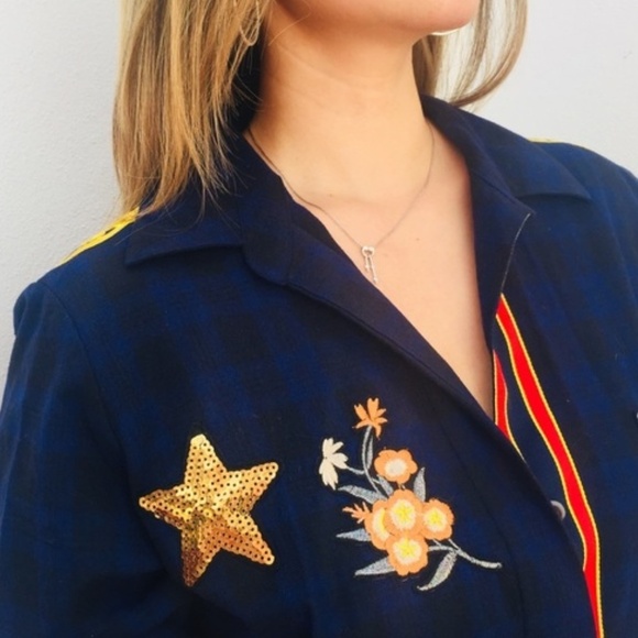 Sam Edelman Navy Plaid Shirt Blue Embroidered - Picture 4 of 5